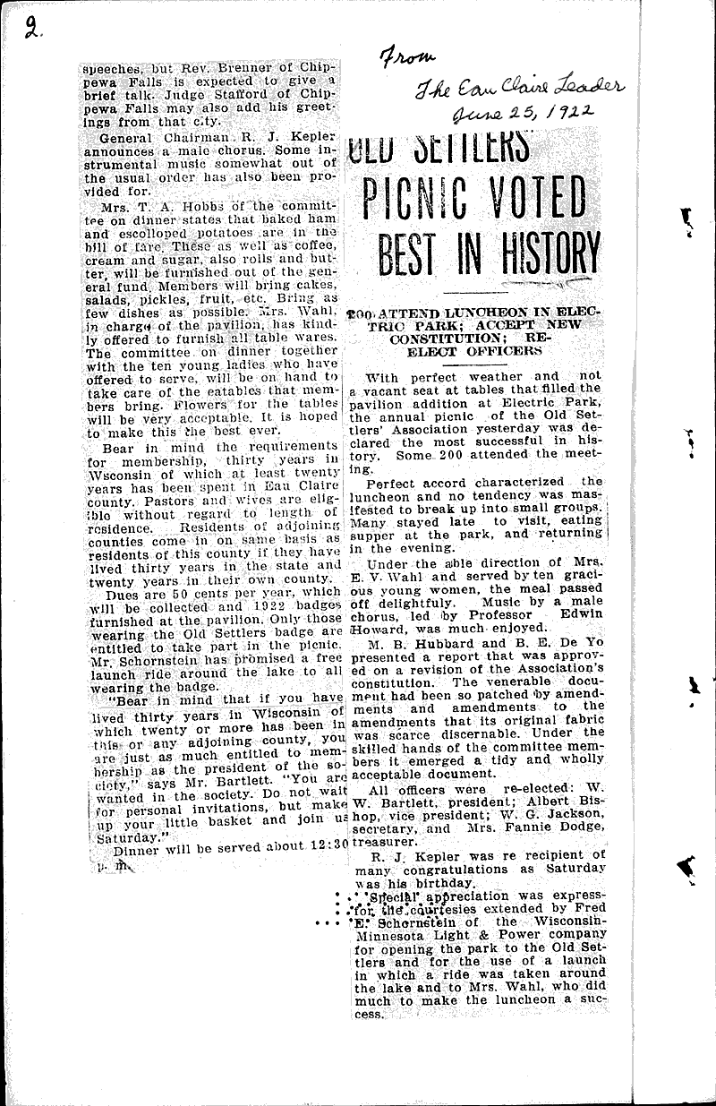 Old settlers picnic voted best in history Source: Eau Claire Leader Topics: Social and Political Movements Date: 1922-06-25