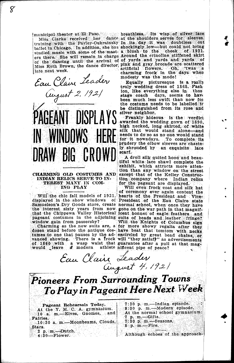  Source: Eau Claire Leader Topics: Art and Music Date: 1921-08-04