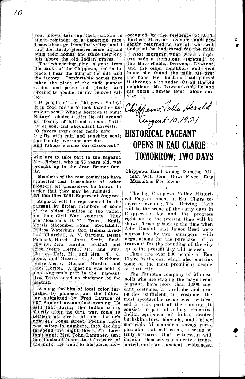  Source: Eau Claire Leader Topics: Art and Music Date: 1921-08-04