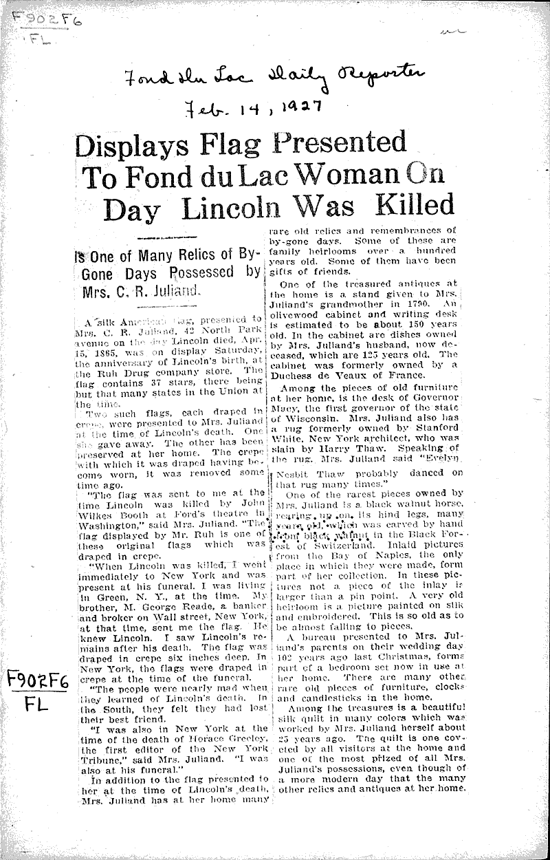  Source: Fond du Lac Daily Reporter Date: 1927-02-14