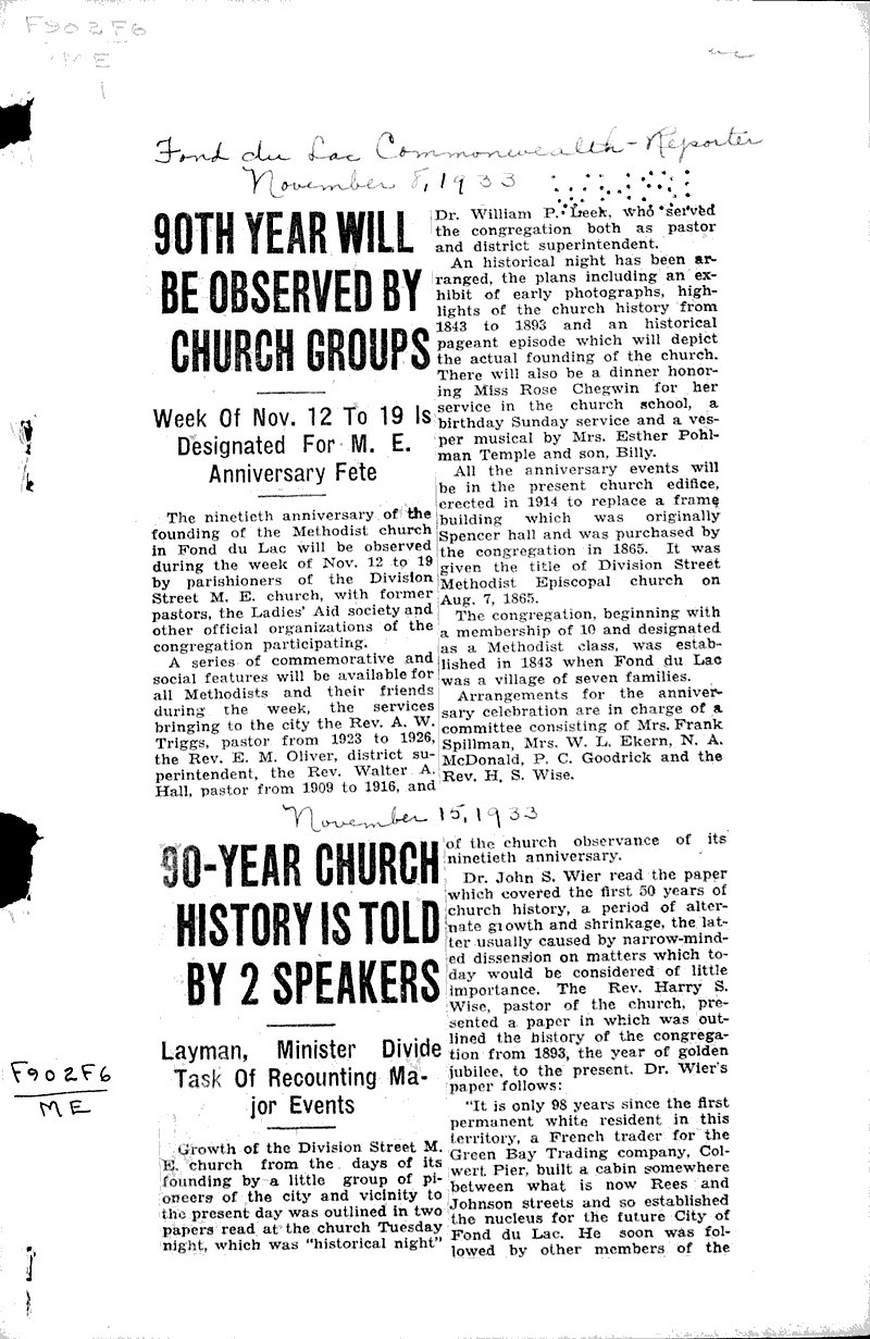  Source: Fond du Lac Commonwealth-Reporter Topics: Church History Date: 1933-11-08