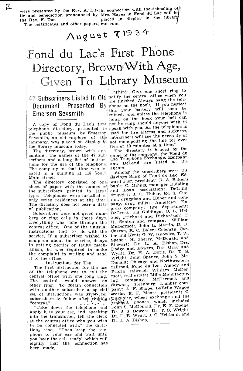 Fond du lac's first phone directory, brown with age, given to library museum Source: Fond du Lac Commonwealth-Reporter Topics: Education Date: 1934-08-07