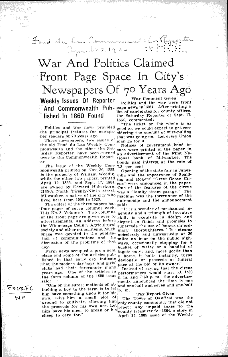  Source: Fond du Lac Commonwealth-Reporter Topics: Art and Music Date: 1933-04-22