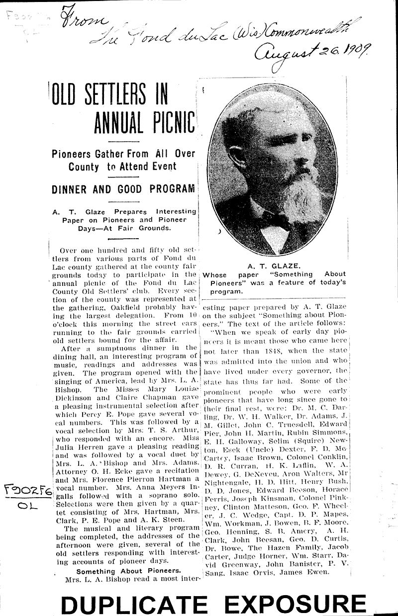old settlers in annual picnic Newspaper Article/Clipping Wisconsin