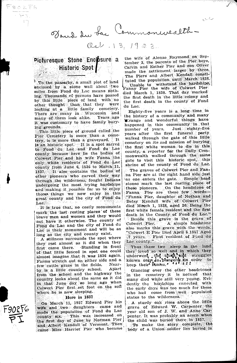  Source: Fond du Lac Commonwealth Date: 1923-10-13