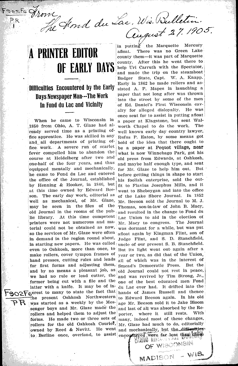  Source: Fond du Lac Bulletin Topics: Art and Music Date: 1905-08-27