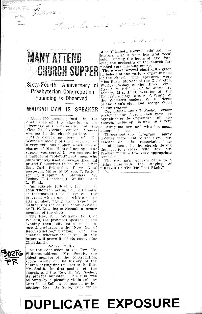  Source: Fond du Lac Daily Reporter Topics: Church History Date: 1919-03-11