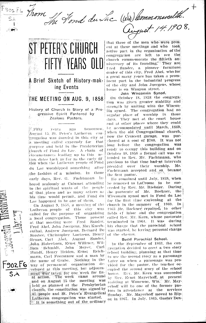  Source: Fond du Lac Commonwealth Topics: Church History Date: 1908-08-14