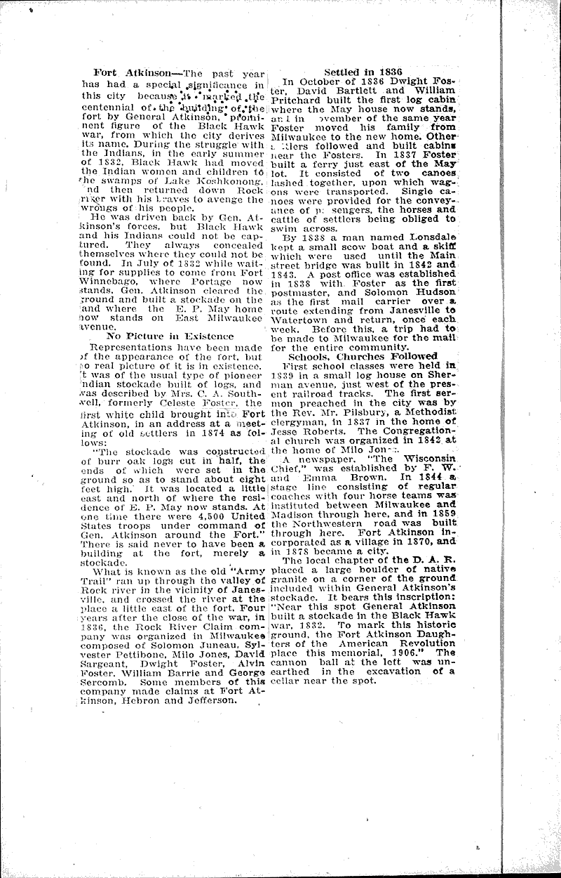 1932 marked centennial of stockade which gave city of fort atkinson its