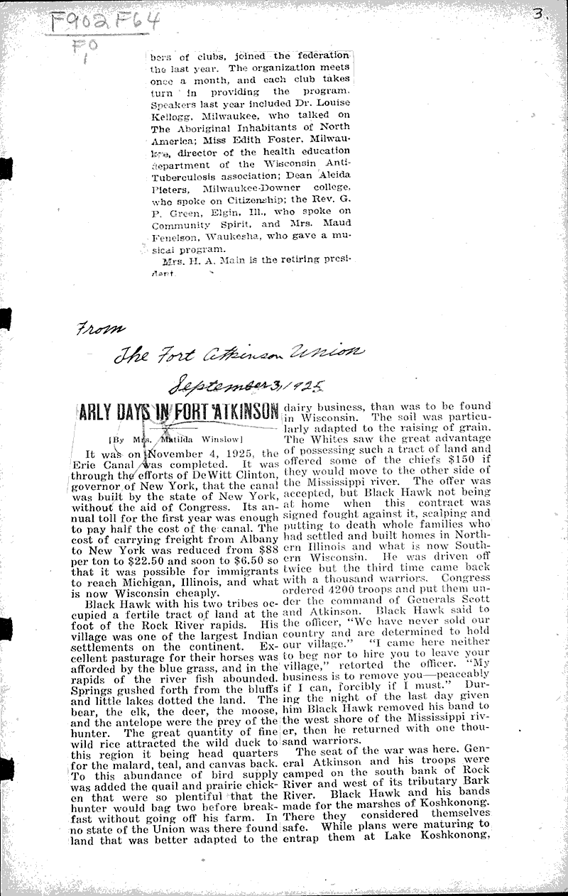 Early days in Fort Atkinson Newspaper Article/Clipping Wisconsin