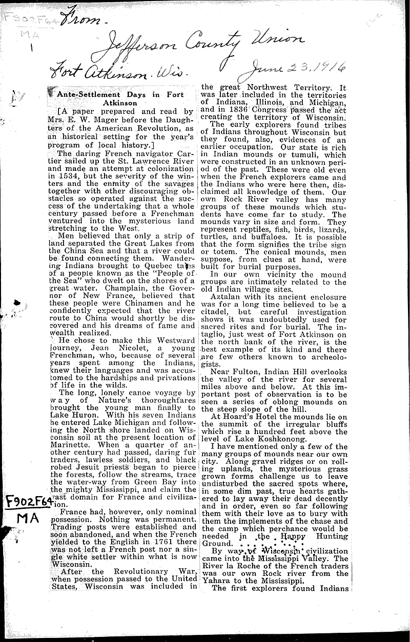 Antesettlement days in Fort Atkinson Newspaper Article/Clipping
