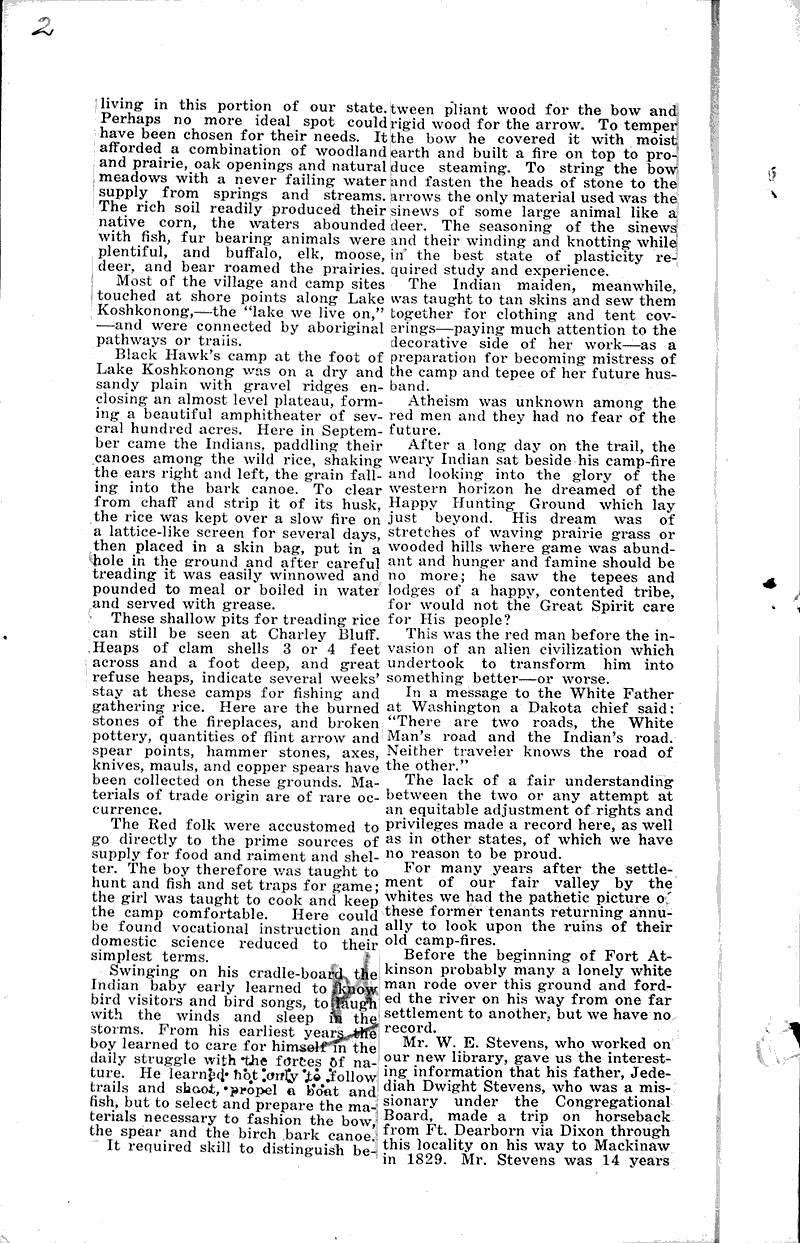 Antesettlement days in Fort Atkinson Newspaper Article/Clipping