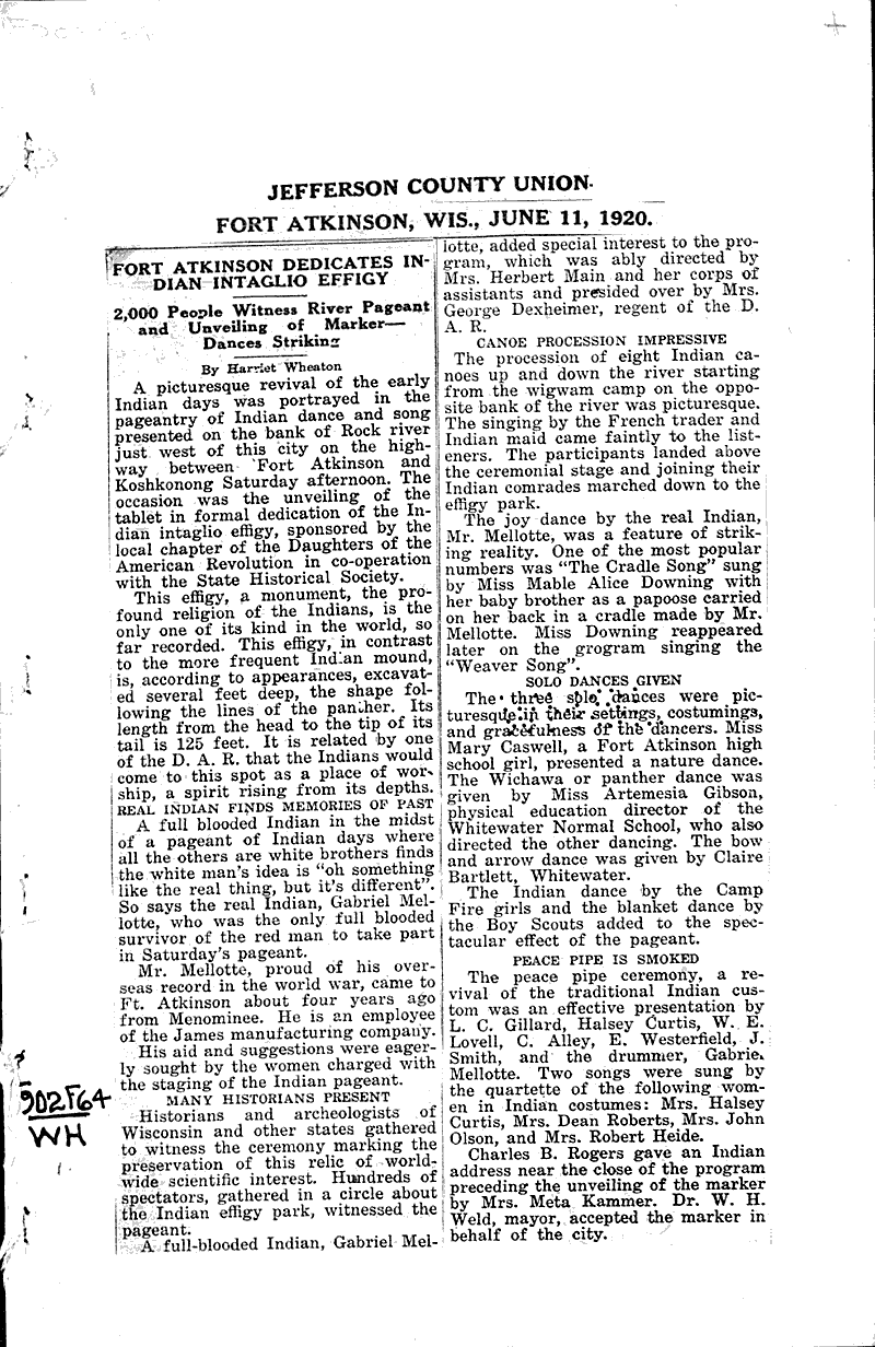 Fort Atkinson dedicates indian intaglio effigy Newspaper Article