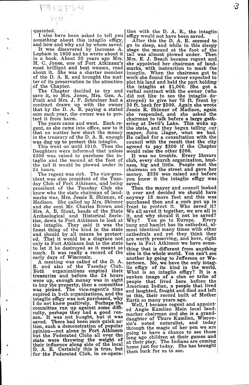 Fort Atkinson dedicates indian intaglio effigy Newspaper Article