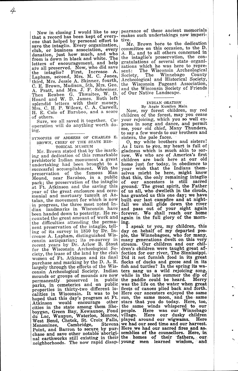 Fort Atkinson dedicates indian intaglio effigy Newspaper Article