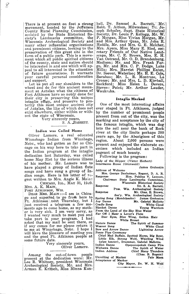 Fort Atkinson dedicates indian intaglio effigy Newspaper Article