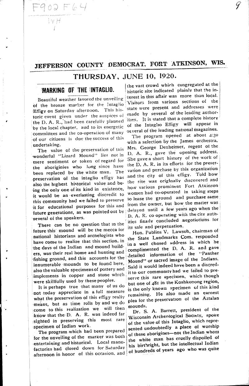 Fort Atkinson dedicates indian intaglio effigy Newspaper Article