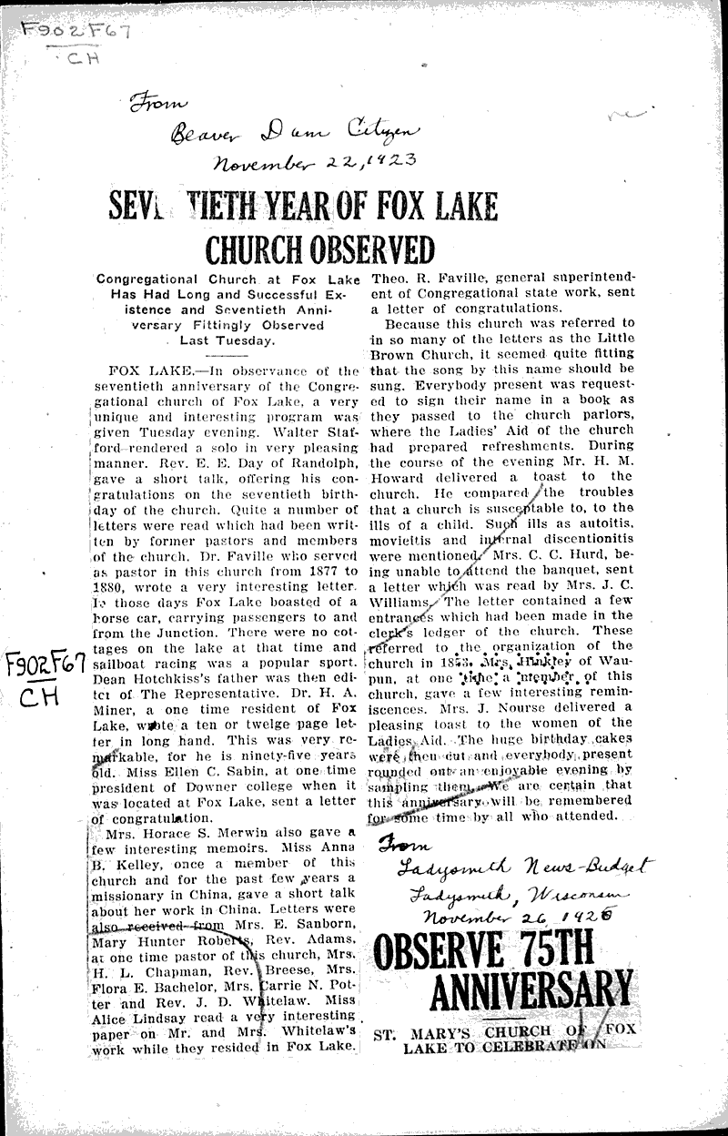 Seventieth year of Fox Lake Church observed | Newspaper Article/Clipping |  Wisconsin Historical Society