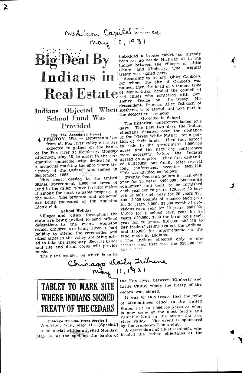 Source: Wausau Record-Herald Topics: Indians and Native Peoples Date: 1931-03-18