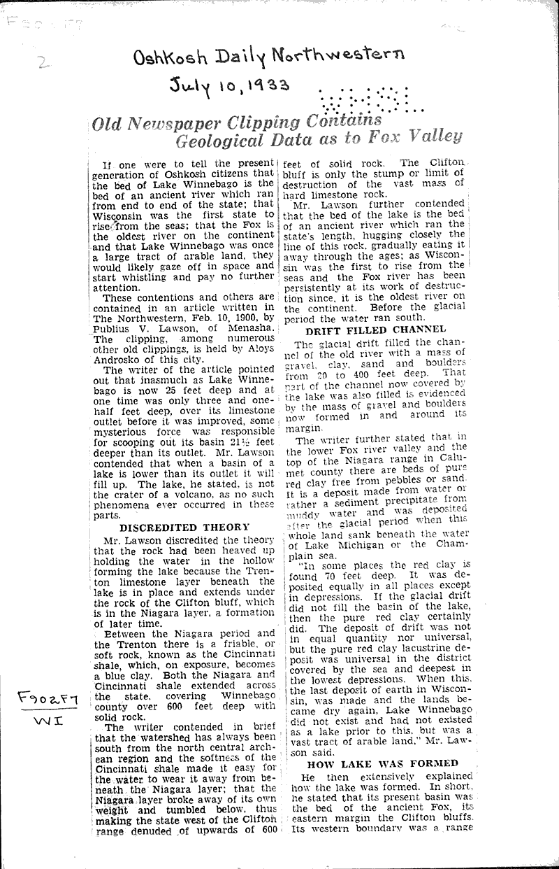 Old newspaper clipping contains geological data as to Fox Valley Source: Oshkosh Daily Northwestern Date: 1933-07-10