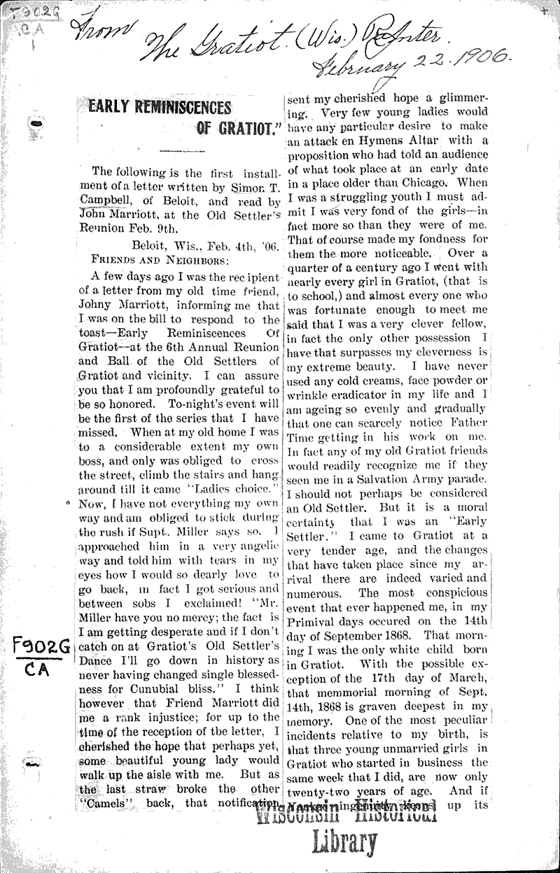 Early reminiscences of Gratiot Newspaper Article/Clipping Wisconsin Historical Society