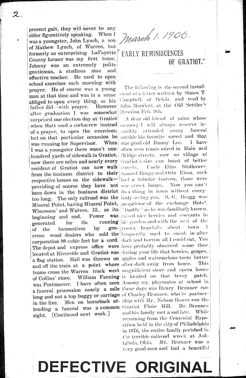 Early reminiscences of Gratiot Newspaper Article/Clipping Wisconsin Historical Society