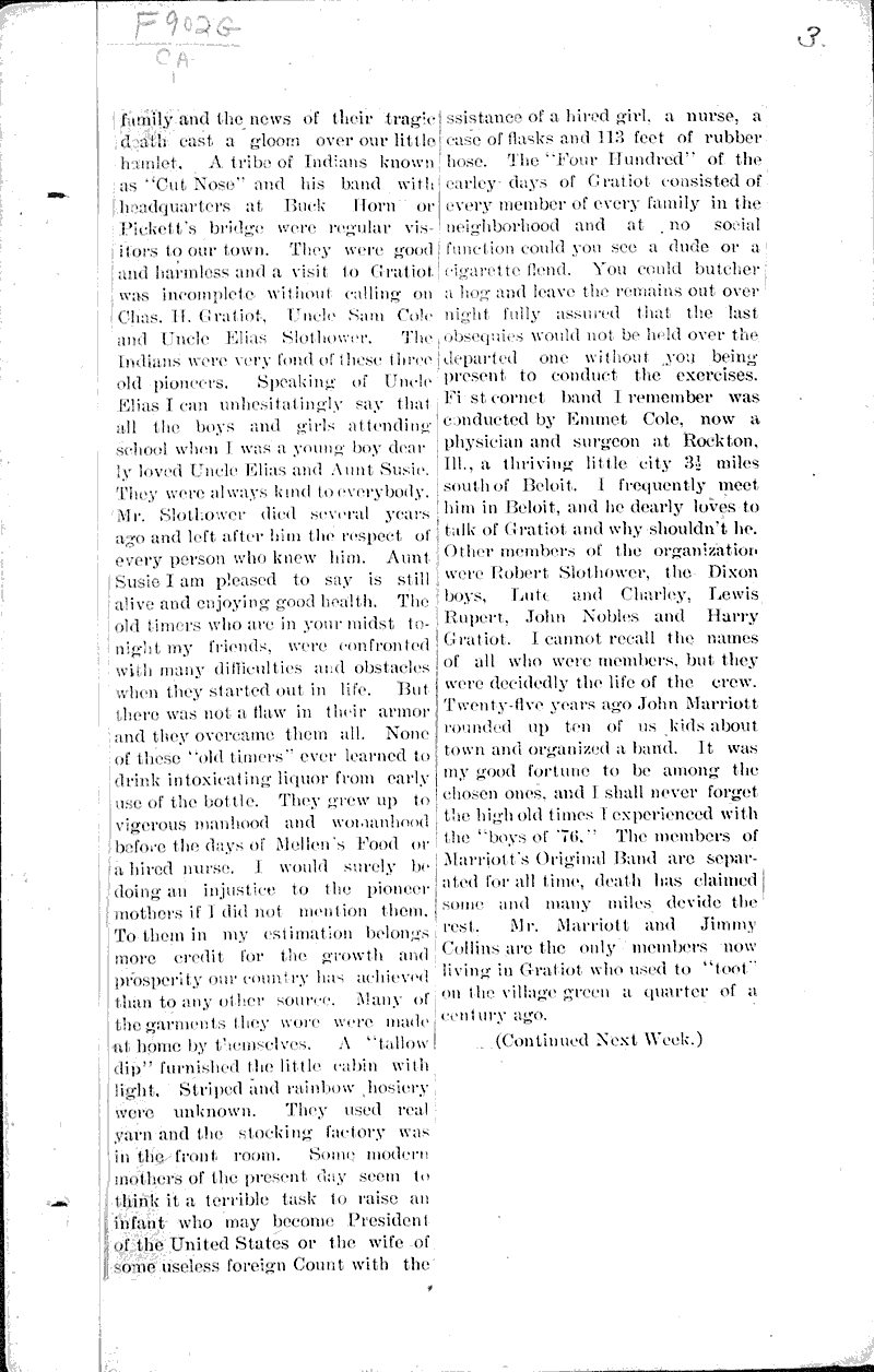 Early reminiscences of Gratiot Newspaper Article/Clipping Wisconsin