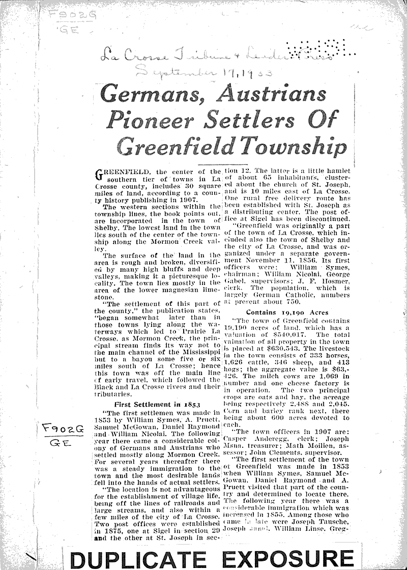 Germans, Austrians pioneer settlers of Greenfield Township Source: La Crosse Tribune and Leader-Press Topics: Immigrants Date: 1933-09-17