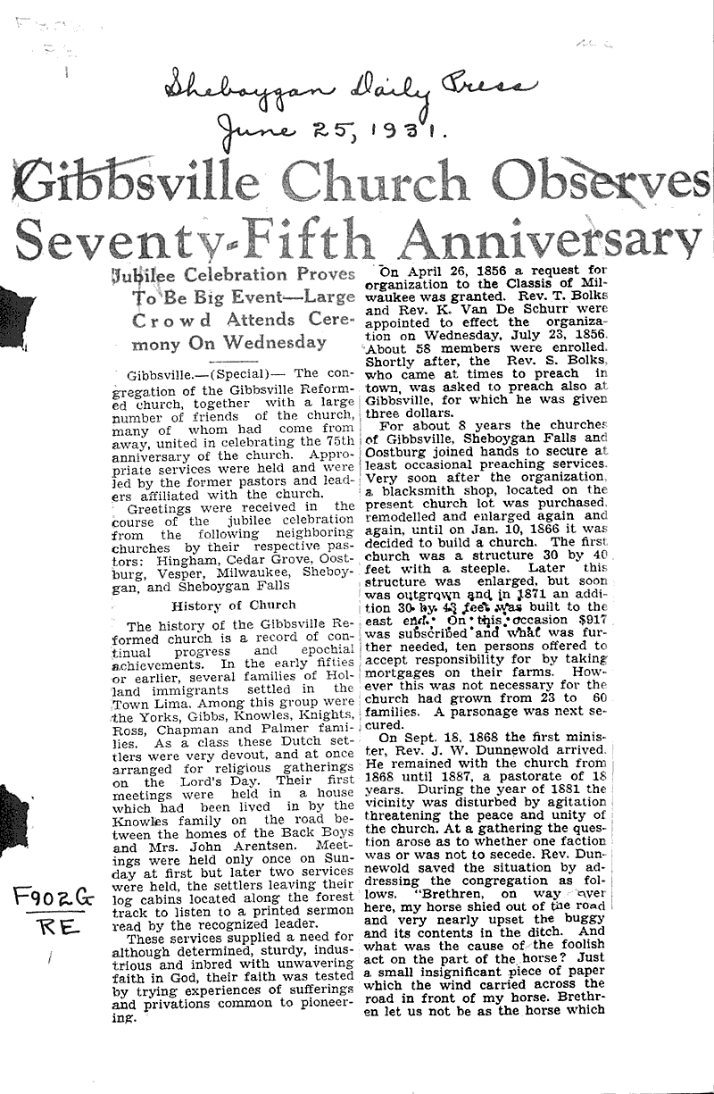 Gibbsville church observes seventyfifth anniversary Newspaper