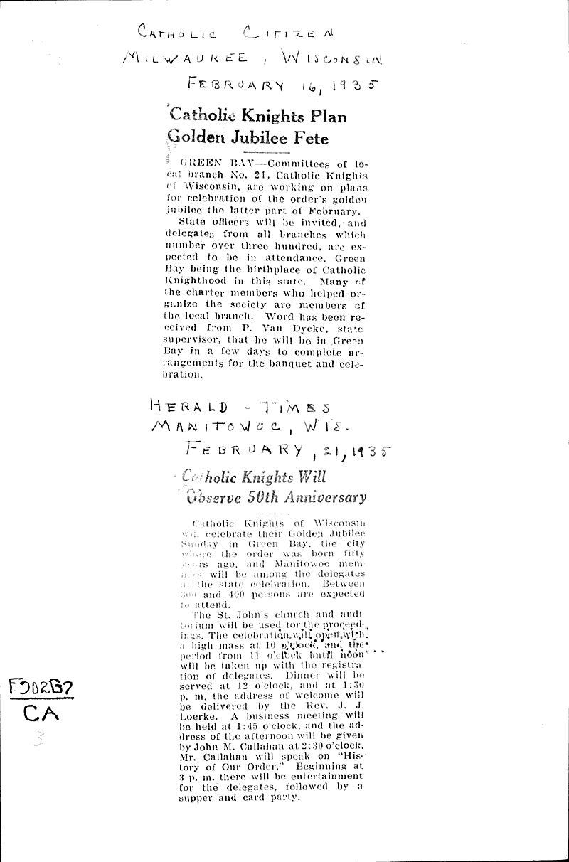  Source: Catholic Herald Citizen Topics: Church History Date: 1935-02-16