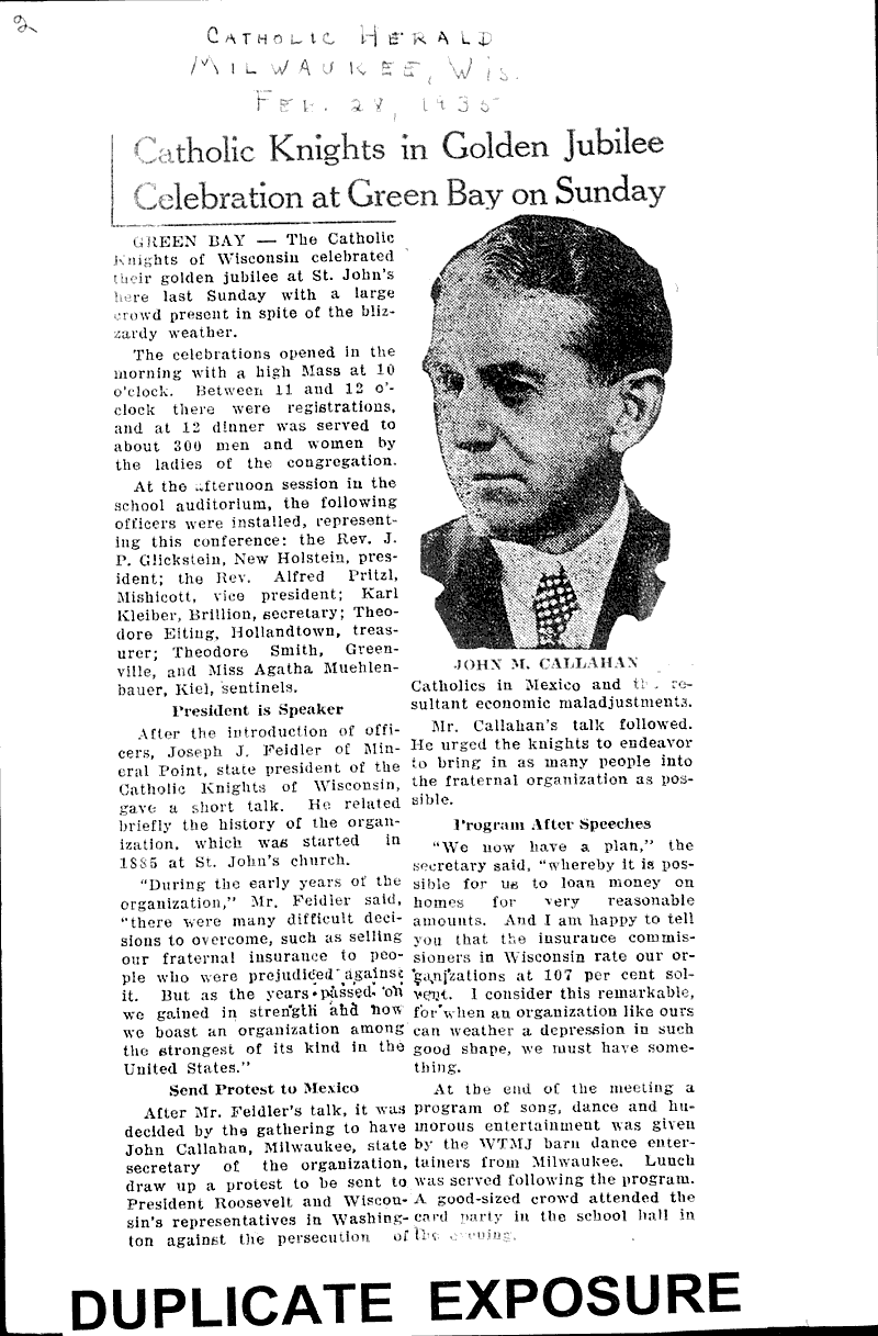  Source: Catholic Herald Citizen Topics: Church History Date: 1935-02-16