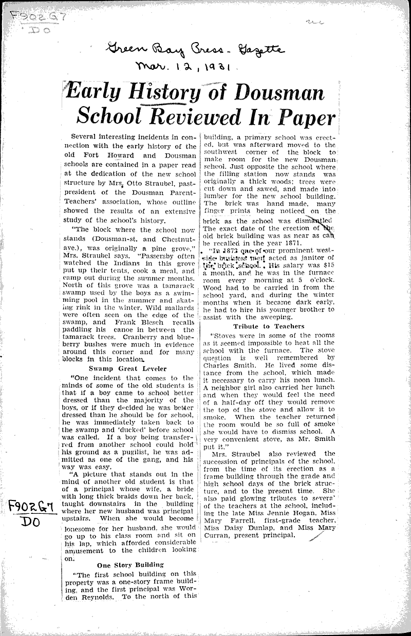 Early history of dousman school reviewed in paper Newspaper Article