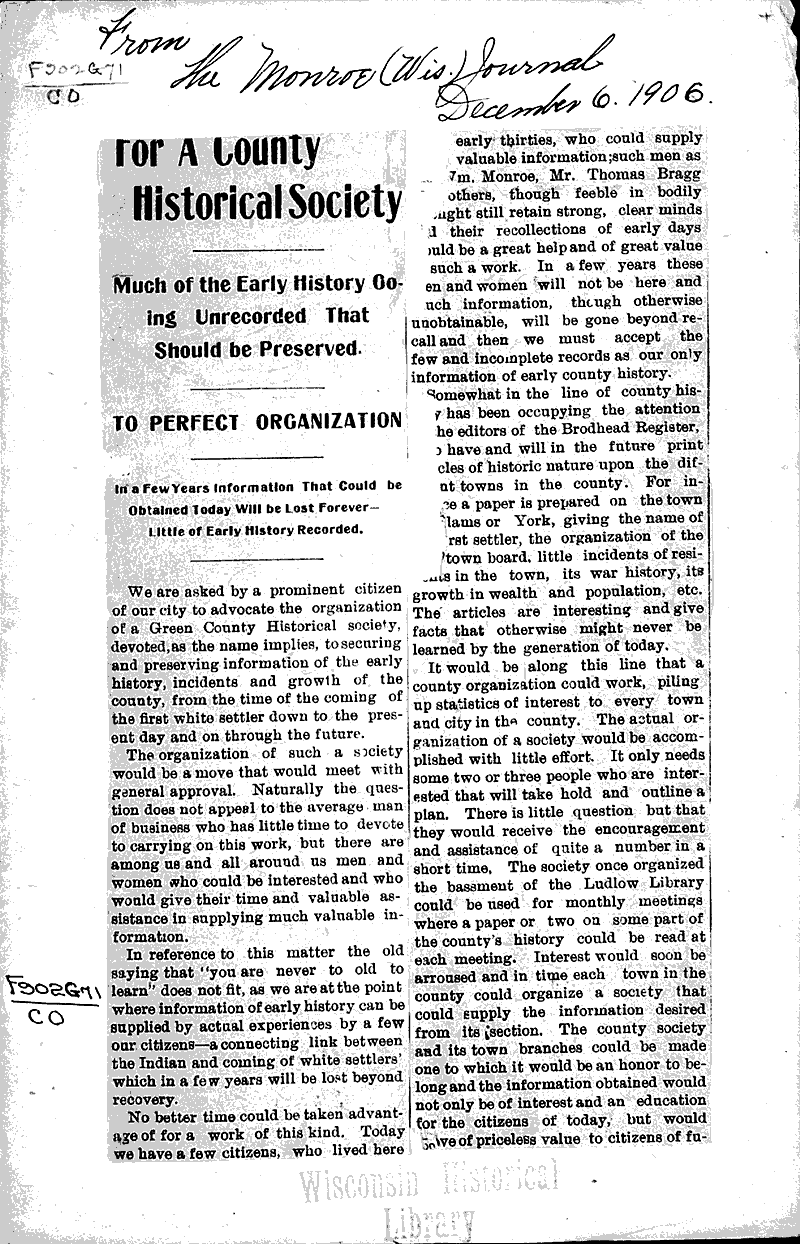 For a County Historical Society Newspaper Article/Clipping Wisconsin Historical Society
