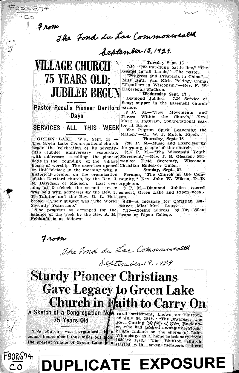  Source: Fond du Lac Commonwealth Topics: Church History Date: 1924-09-15