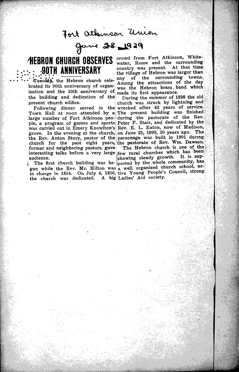 Hebron church observes 90th anniversary Newspaper Article/Clipping