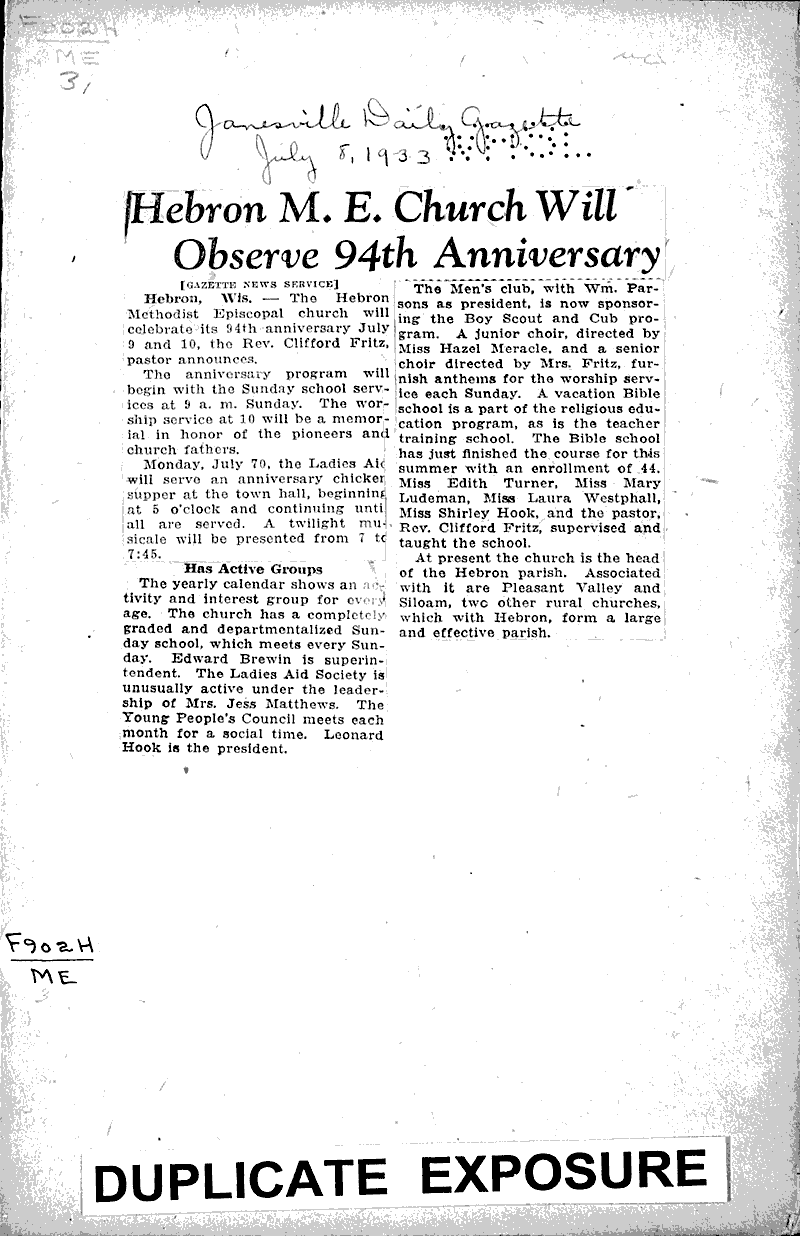 Hebron M. E. church will observe 94th anniversary Newspaper Article