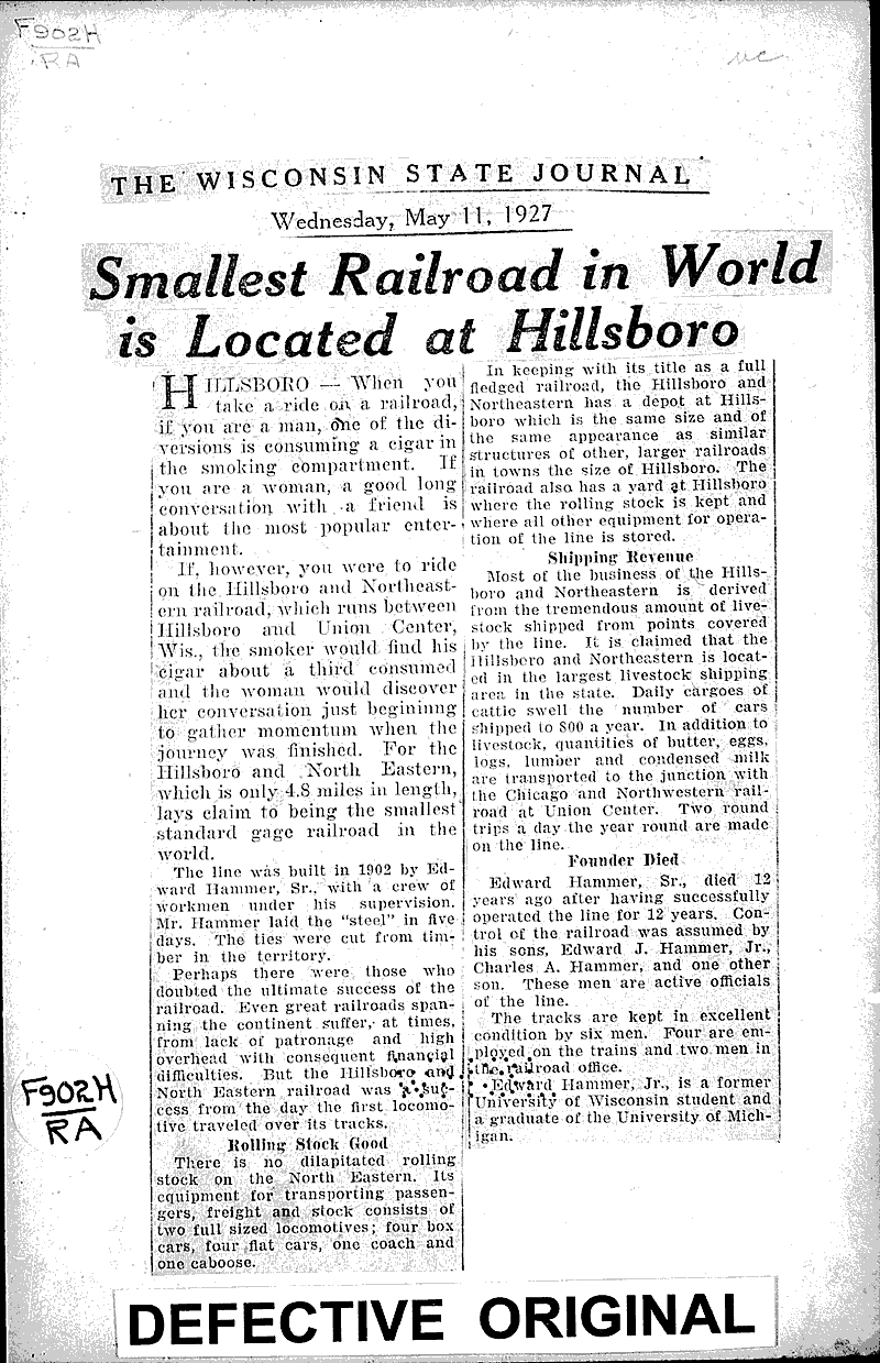 Smallest railroad in world is located at Hillsboro Newspaper Article