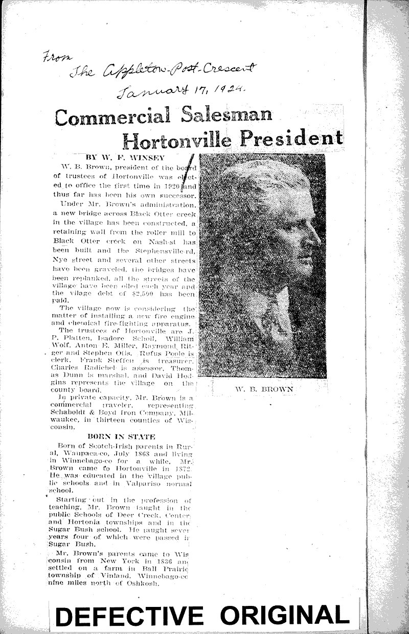 Commercial salesman Hortonville President Newspaper Article/Clipping