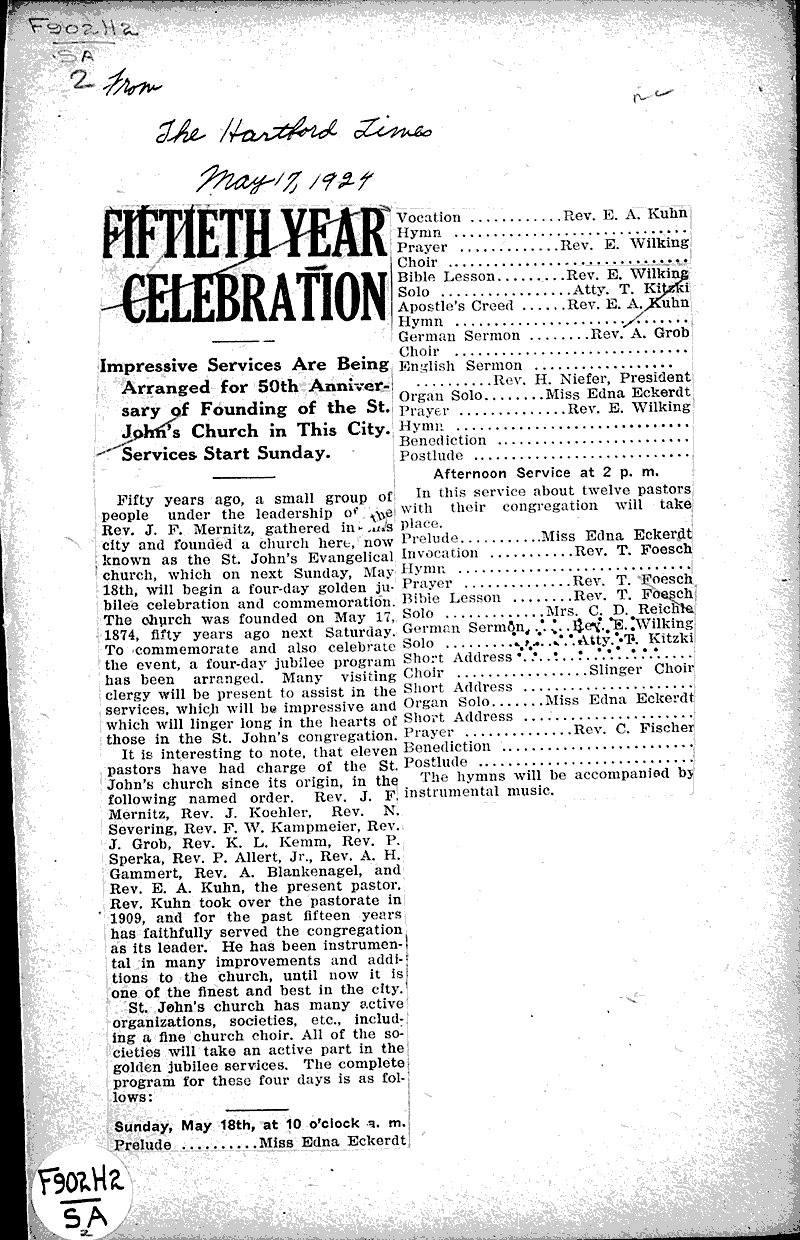  Source: Hartford Times Topics: Church History Date: 1924-05-17