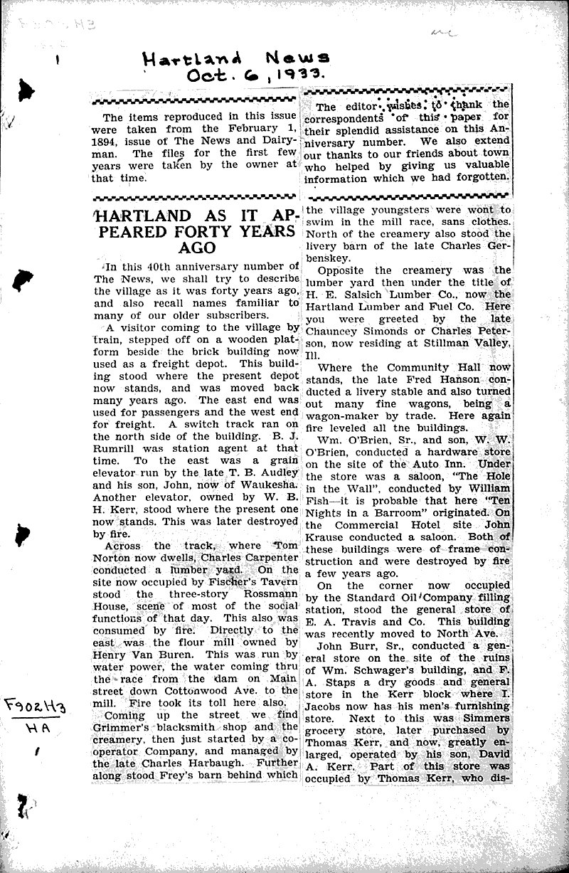 Hartland as it appeared forty years ago Newspaper Article/Clipping Wisconsin Historical Society