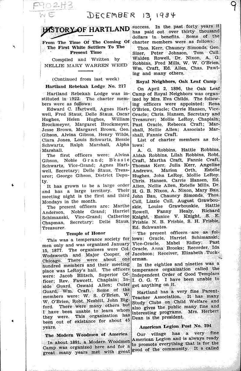  Source: Hartland News Date: 1934-11-16