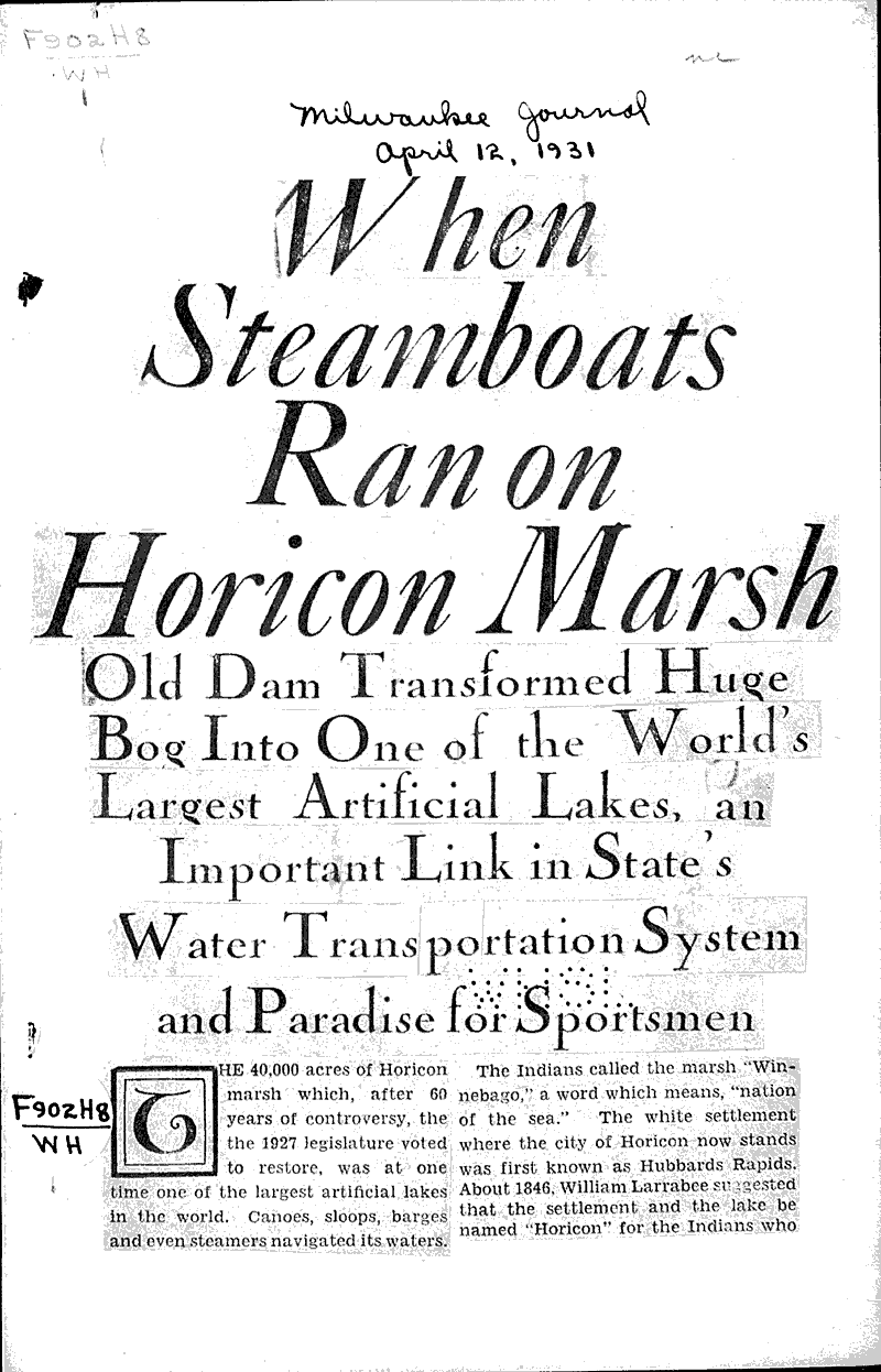 When steamboats ran on Horicon marsh Newspaper Article/Clipping