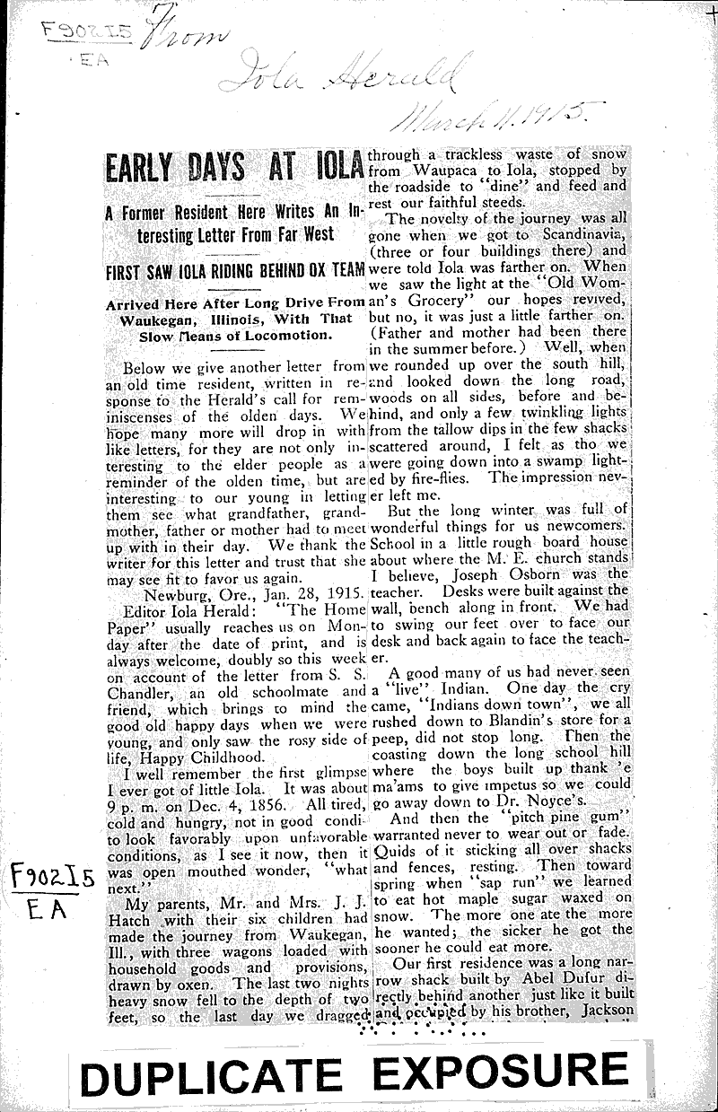 Early days at Iola Newspaper Article/Clipping Wisconsin Historical