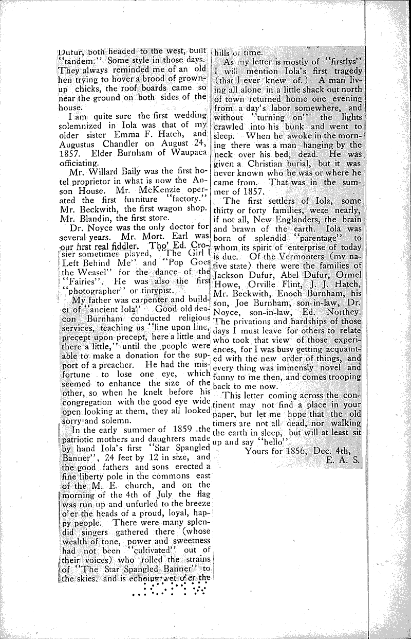 Early days at Iola Newspaper Article/Clipping Wisconsin Historical