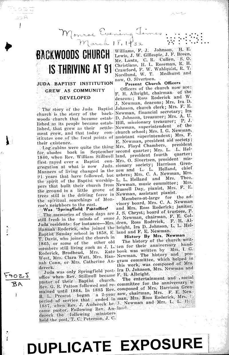  Source: Monroe Evening Times Topics: Church History Date: 1932-03-18