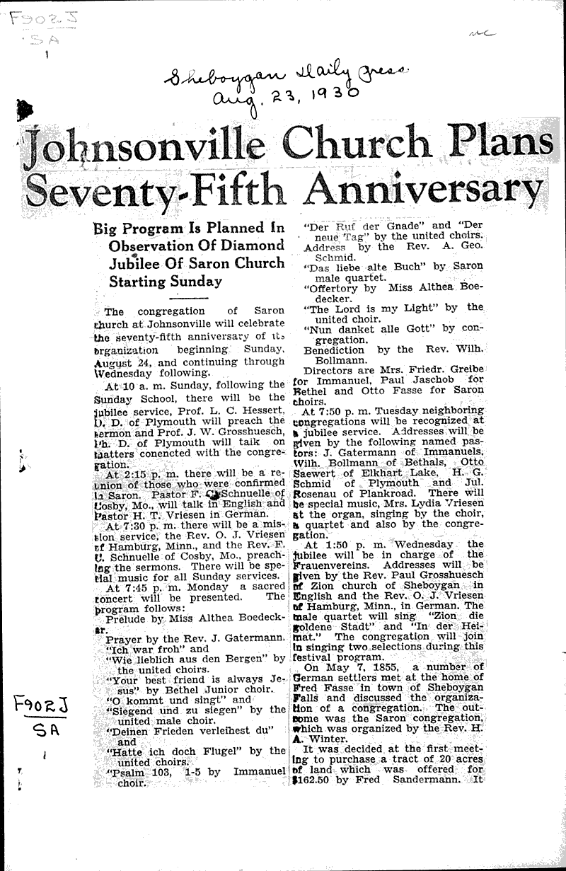  Source: Sheboygan Daily Press Topics: Church History Date: 1930-08-23