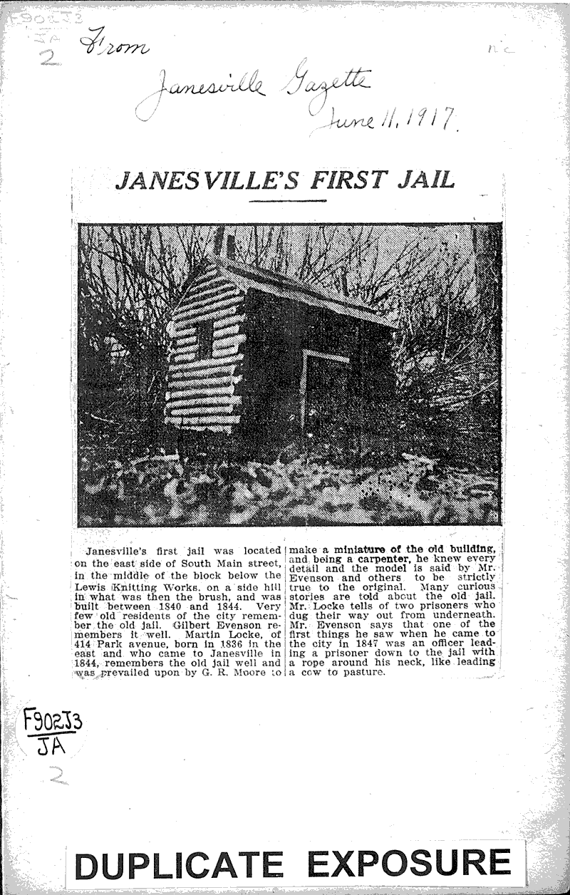 Janesville's first jail Newspaper Article/Clipping Wisconsin
