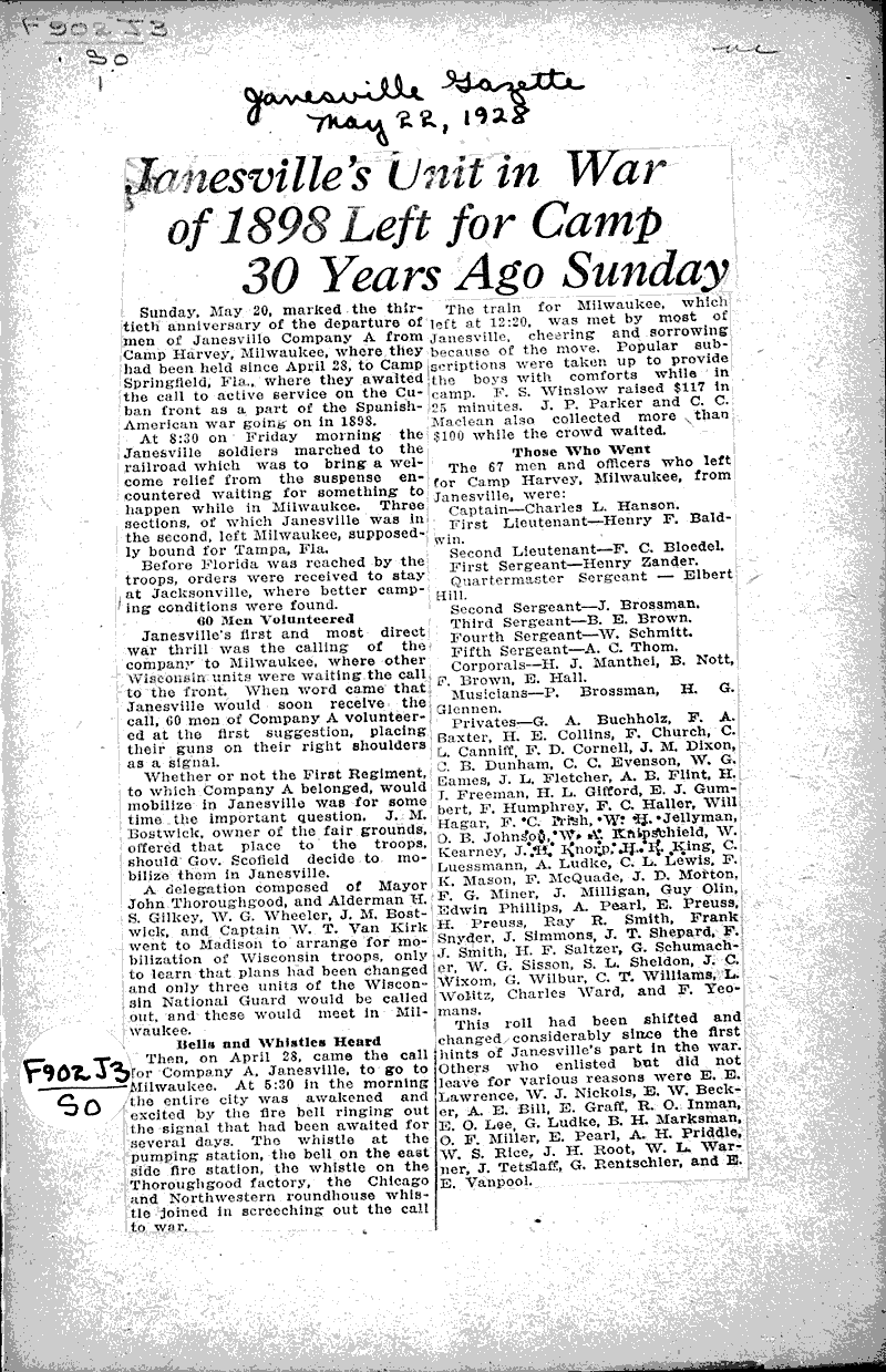 Janesville's unit in war of 1898 left for camp 30 years ago Sunday