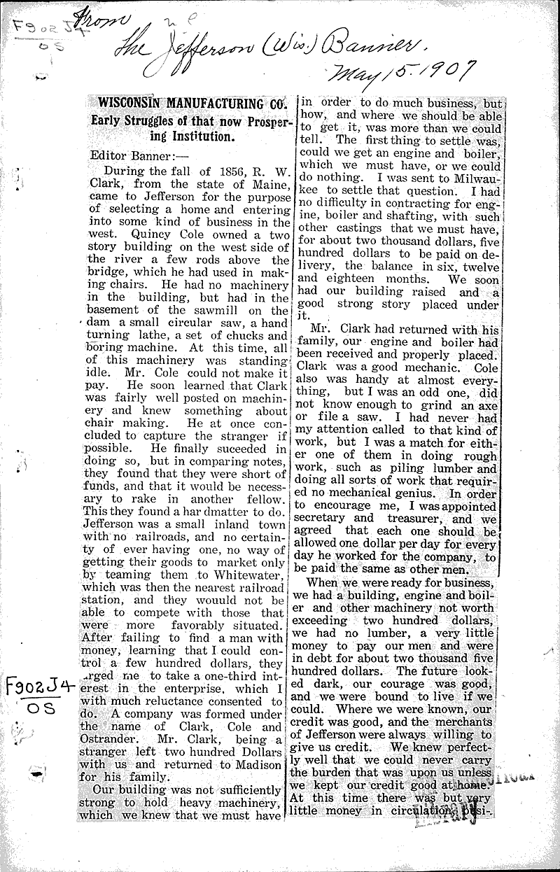  Source: Jefferson Banner Topics: Industry Date: 1907-05-05