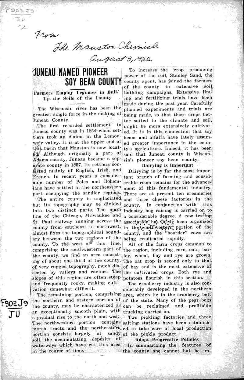  Source: Mauston Chronicle Topics: Agriculture Date: 1922-08-03